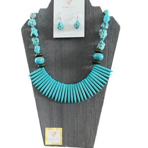 VINMOD Designs Turqouise Color Statement Necklace & Earring Set 22"